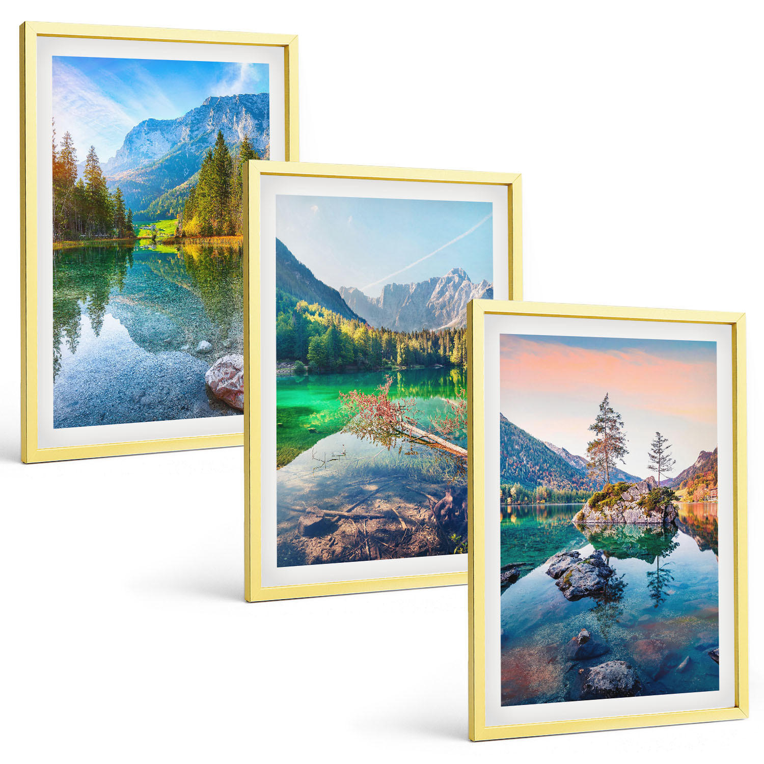 BILDER SET 3er Set - 40x60 cm Goldrahmen - Naturlandschaft der Bergseen - Goldfarben, Kunststoff (40/60cm) - TULUP