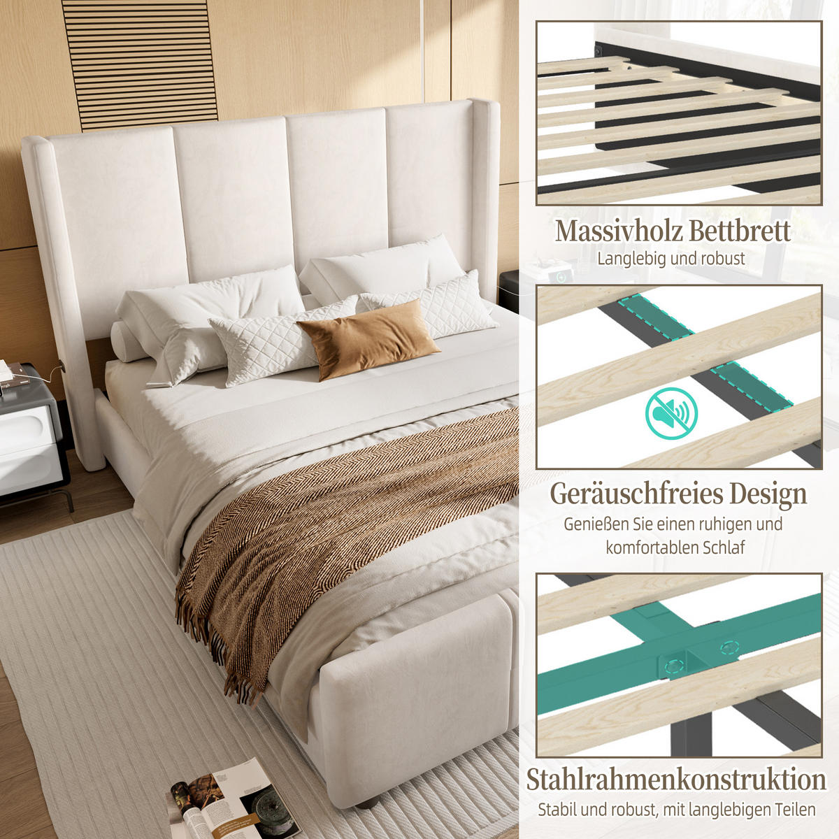 POLSTERBETT 140/200 cm aus Samt mit USB-Anschlüssen und hohem Kopfteil Beige - Beige, Textil (140/200cm) - Modenvie