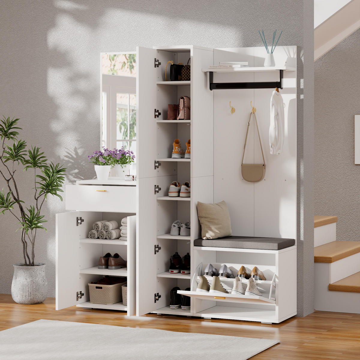 GARDEROBE Weiß Spiegel Bank 3 Türen Schuhregal 150x36x180cm - Weiß, Holzwerkstoff (150/180/36cm) - FLIEKS