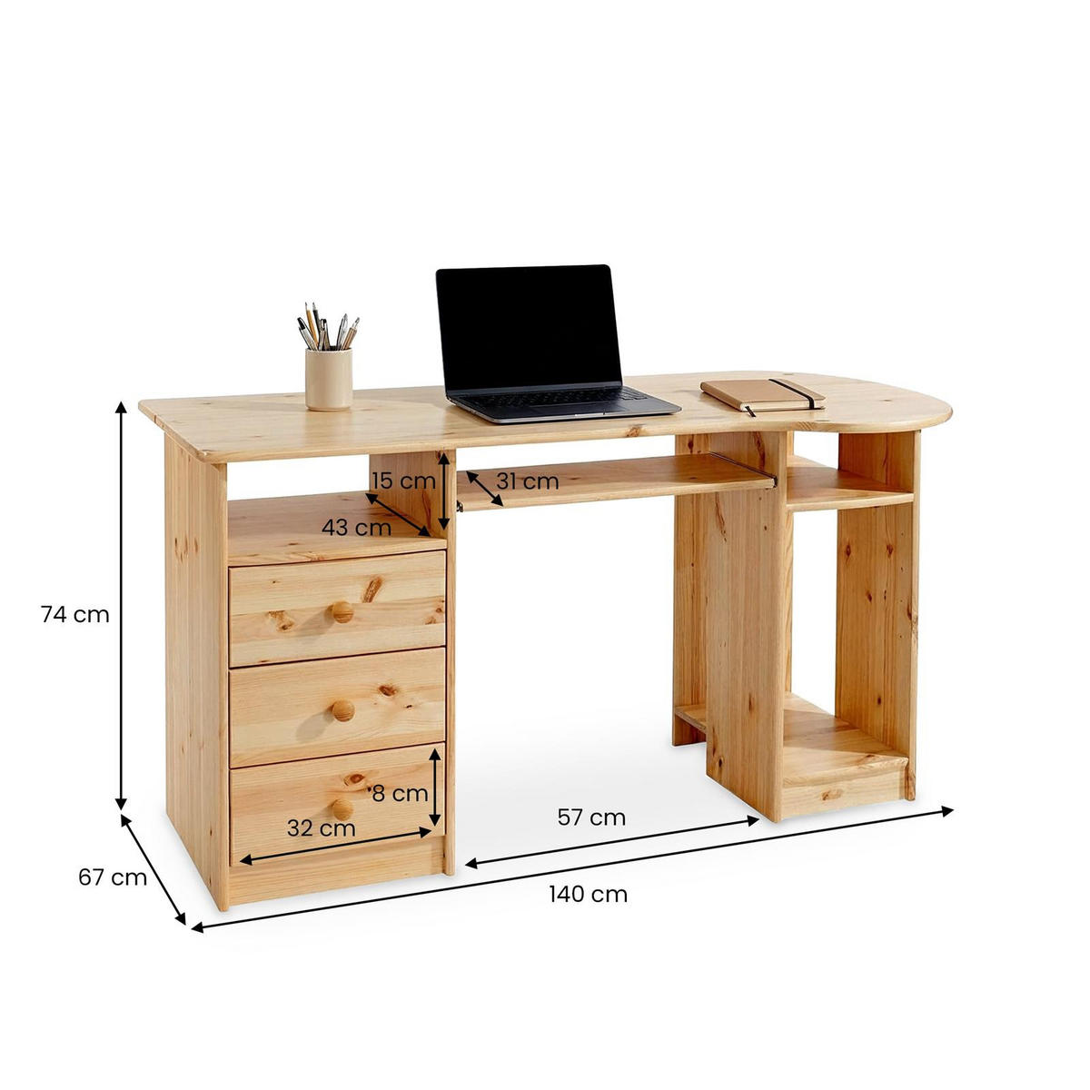 SCHREIBTISCH BOB natur - Naturfarben, Holz (67/140/74cm) - IDIMEX