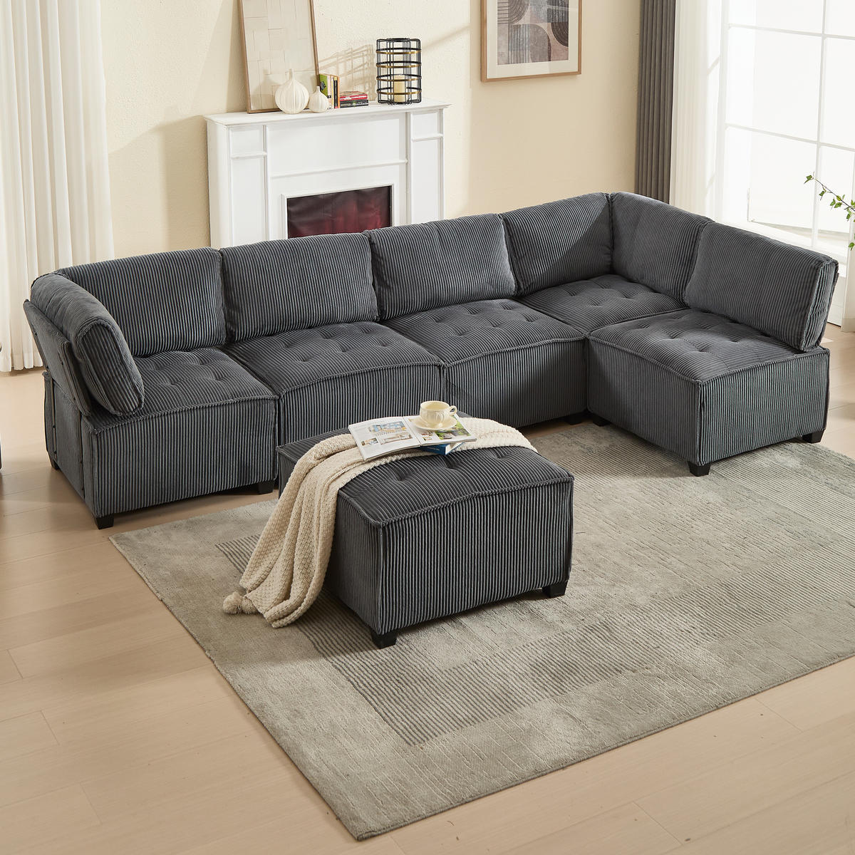 MODULARES 6-Sitzer Sofa Cord flexibel als U-/L-Form und Eckschlafsofa Grau 308/154/82 cm - Grau, Textil (154/308cm) - Redom