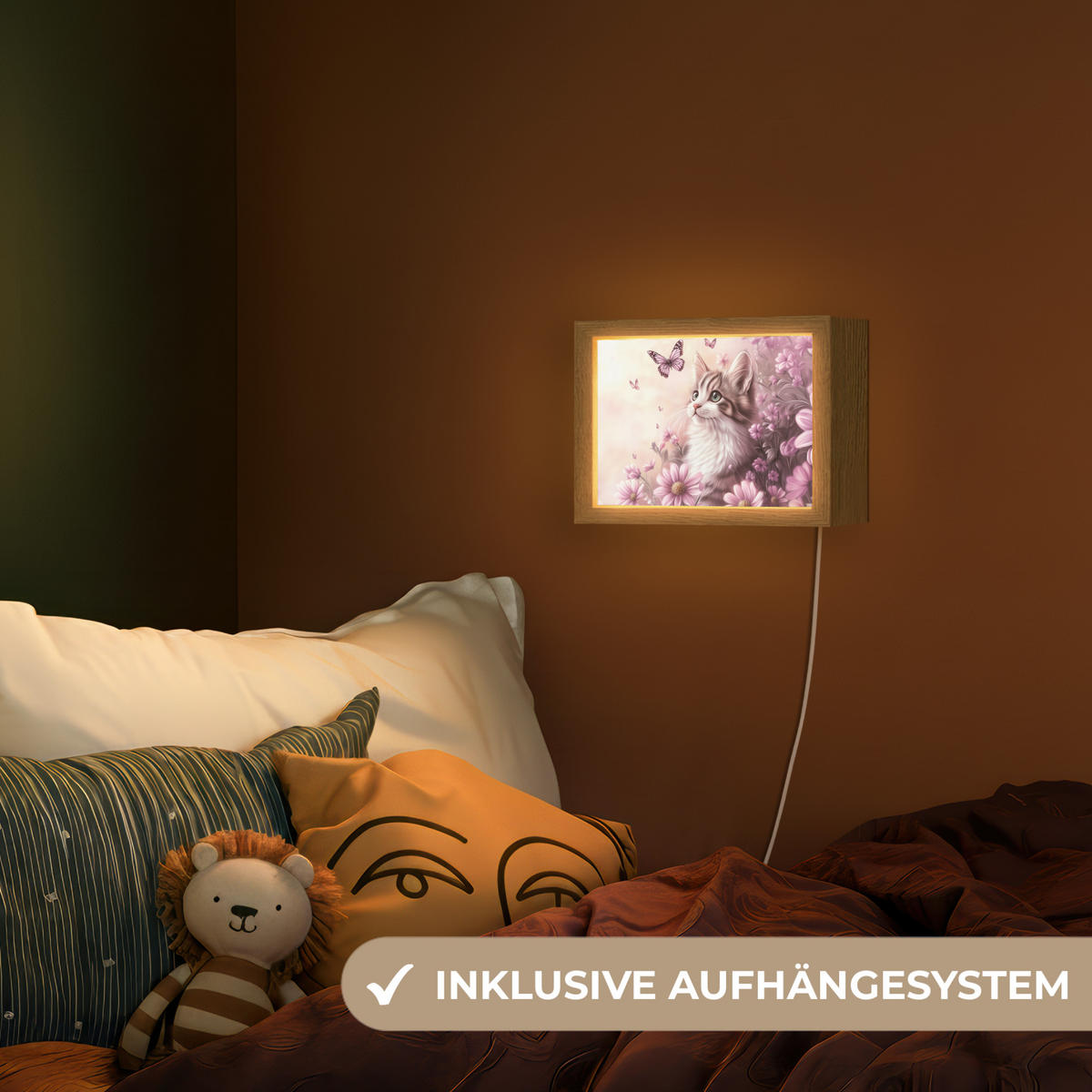 NACHTTISCHLAMPE Kätzchen - Blumen - Schmetterlinge - Lila 20x15 cm - Altrosa, Holzwerkstoff (8/20/15cm)