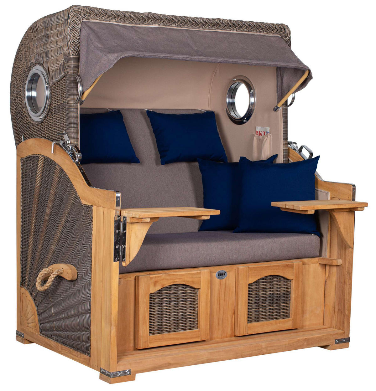 STRANDKORB Düne Grande Bullauge Teak PE Grey Dessin 589 - Braun/Grau, Metall (142/170/95cm) - Mr. Deko