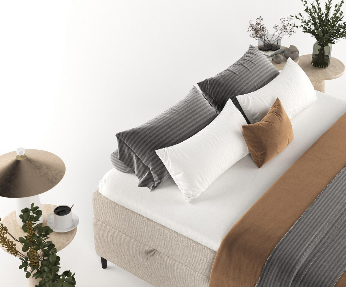 BOXBETT Theo 160/200 cm Hellbeige im Megan Stoff - Sandfarben/Schwarz, Holz/Holzwerkstoff (160/200cm) - AltaBeds