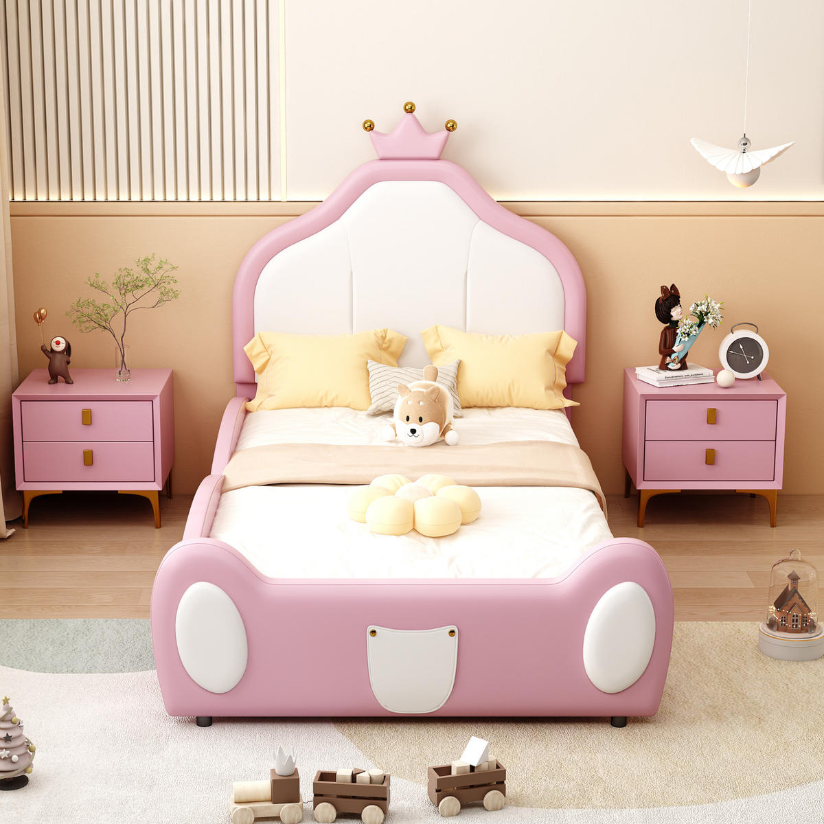 KINDEREINZELBETTEN aus Kunstleder 90x200 cm in Rosa mit Kronen-Kopfteil - Rosa, Leder (90/200cm) - Modfu