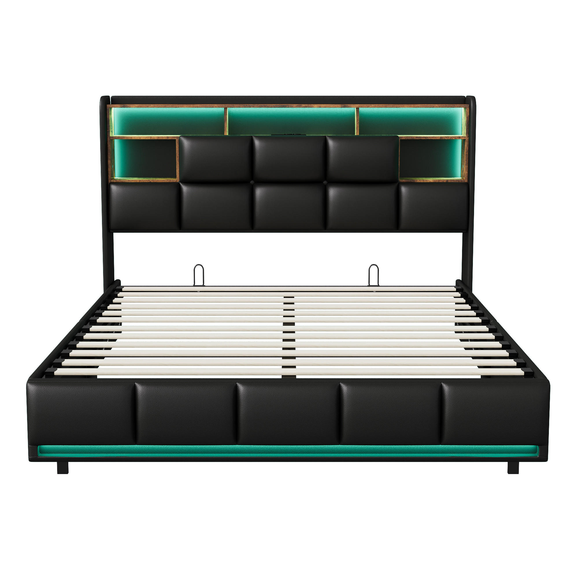 POLSTERBETT 140x190 cm mit LED & USB, Doppelbett mit Stauraum Kopfteil & Lattenrost, Kunstleder Schwarz - Schwarz, Metall (140/190cm) - EuroLiving