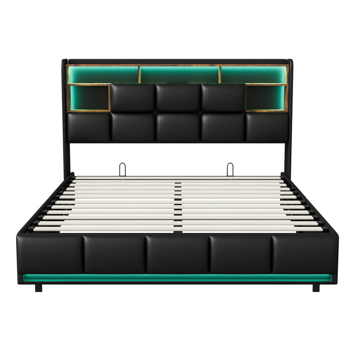 POLSTERBETT 140x190 cm mit LED & USB, Doppelbett mit Stauraum Kopfteil & Lattenrost, Kunstleder Schwarz - Schwarz, Metall (140/190cm) - EuroLiving