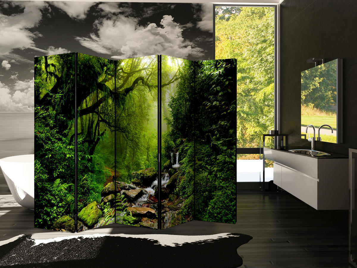 PARAVÁN Akustický 5-dielny 225x172 cm Vodopád v Lese - zelená, drevo/textil (225/172/3cm) - Muralo