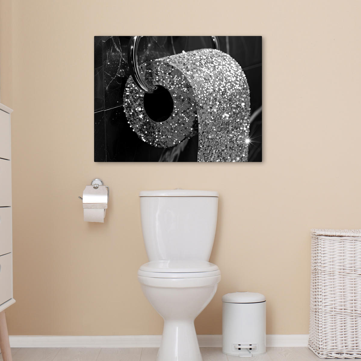LEINWANDBILD WC - Toilettenpapier - Schwarz und weiß - Glitter Wandbilder 80x60 cm - Silberfarben, Textil (80/60cm) - MuchoWow
