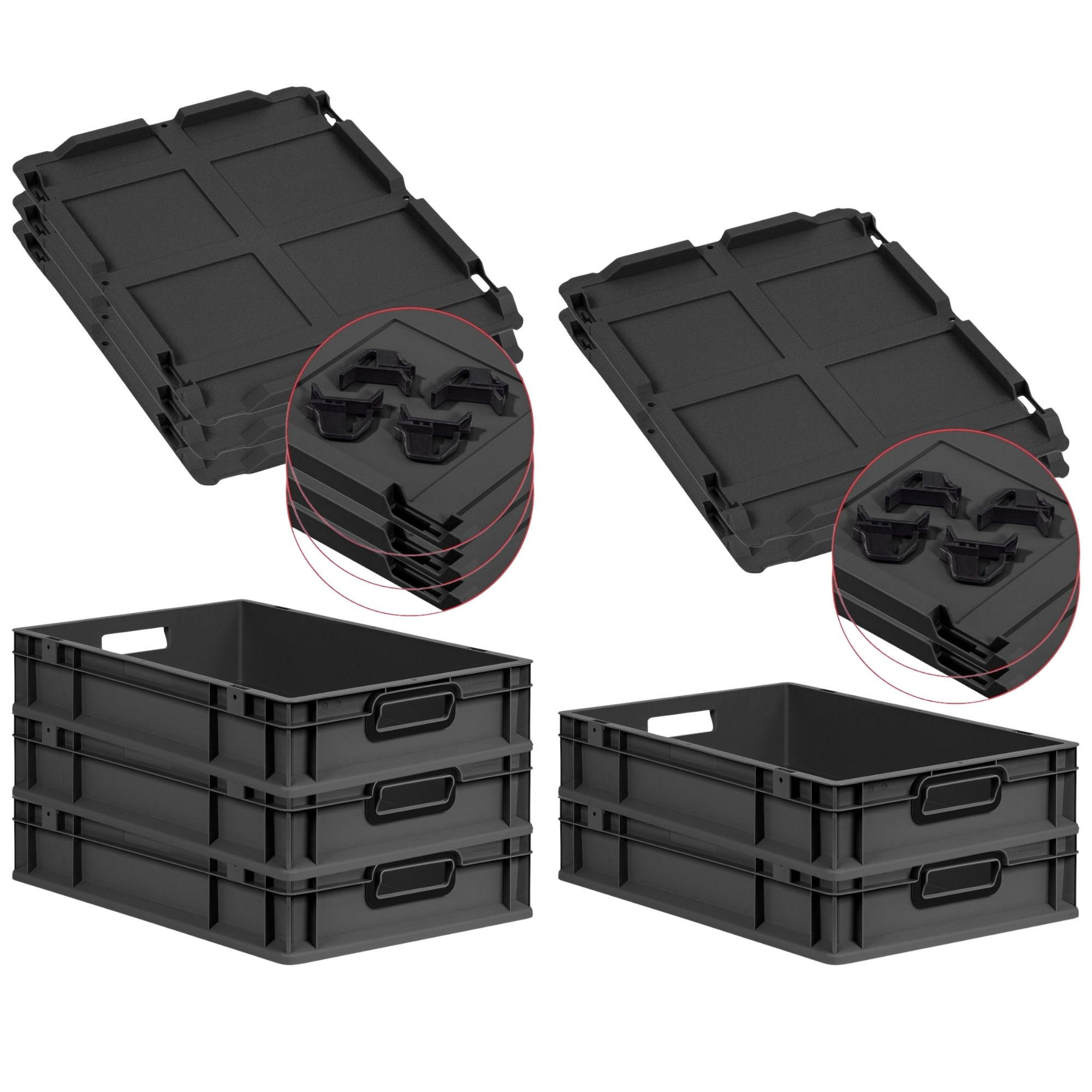 EUROBOX 5x NextGen Color mit Auflagedeckel 12x40x60 cm 23 Liter Schwarz Griffe schwarz offen - Anthrazit/Schwarz, Kunststoff (40/12/60cm) - PROREGAL