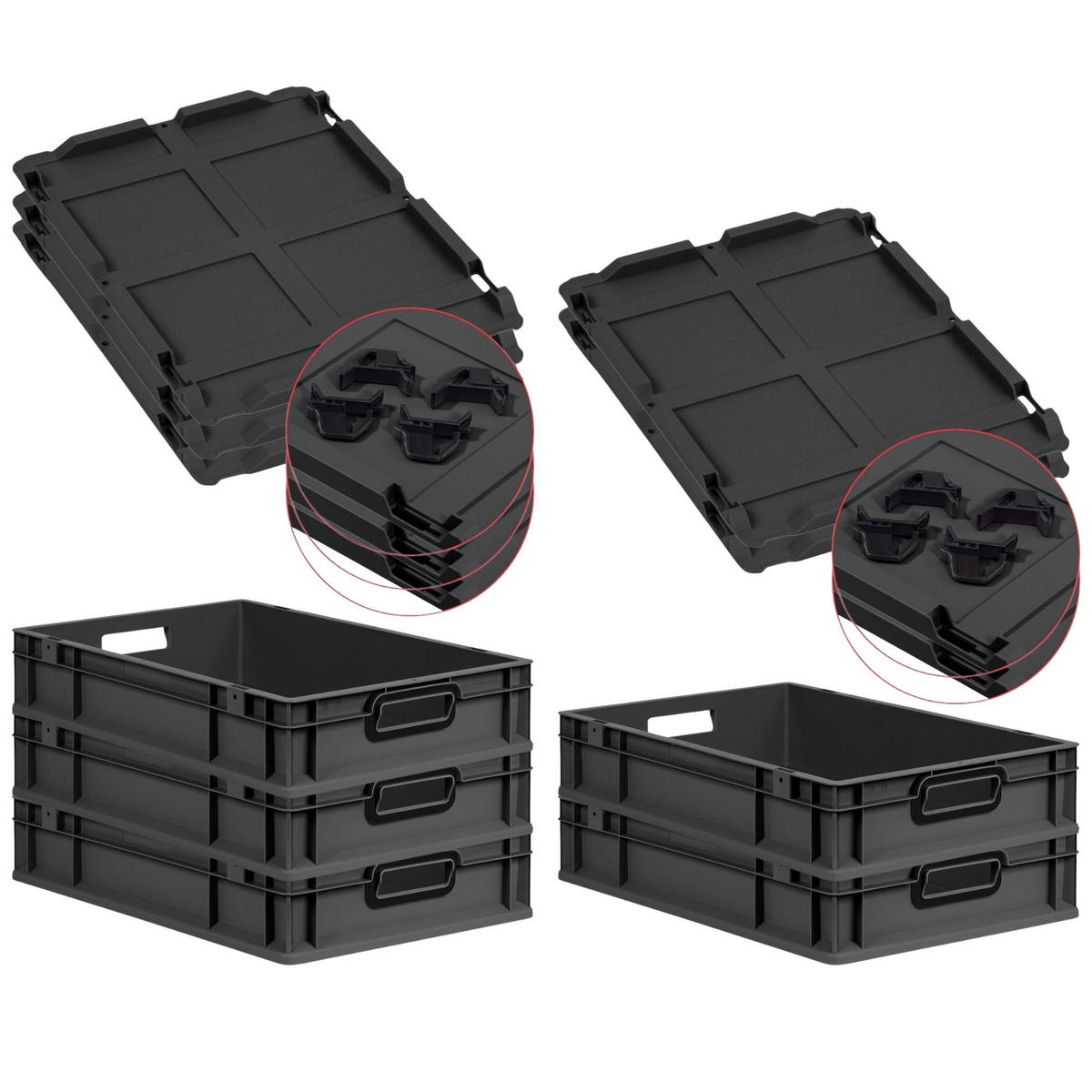 EUROBOX 5x NextGen Color mit Auflagedeckel 12x40x60 cm 23 Liter Schwarz Griffe schwarz offen - Anthrazit/Schwarz, Kunststoff (40/12/60cm) - PROREGAL