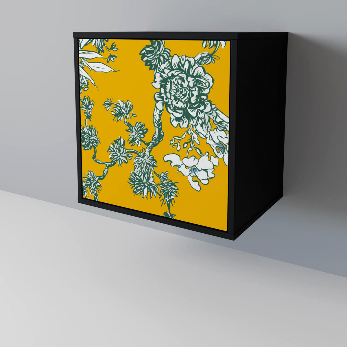 SIDEBOARD YELLOW CHINOISERIE, Schwarz, 57,5x42x67,5 cm, Schwarze Metall-Rahmenfüße - Multicolor/Schwarz, Holzwerkstoff/Metall (57.5/67.5/42cm) - SpaceRebels