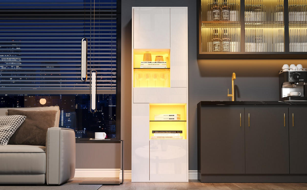 VITRINE 55/38/170 cm in Weiß mit LED-Beleuchtung und Hochglanzfront - Weiß, Holzwerkstoff (55/170/38cm) - Flora Grace