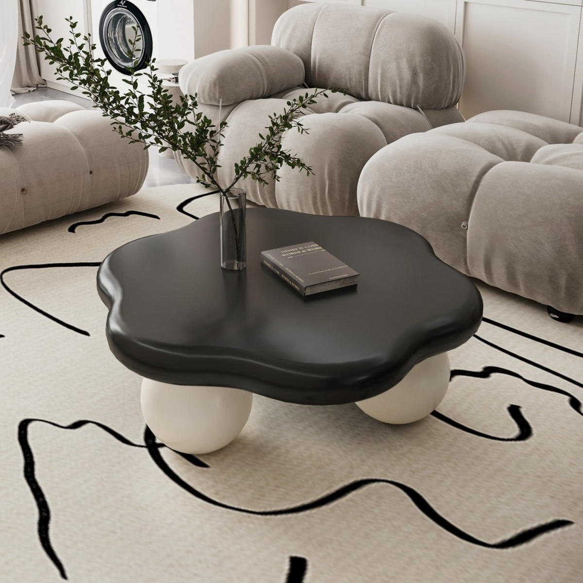 COUCHTISCH wolkenförmig 80 cm mit Kugelfüßen, Kontrast-Design Schwarz & Weiß, Beistelltisch für kleine Wohnungen - Schwarz/Weiß, Holzwerkstoff (79/79/31cm)