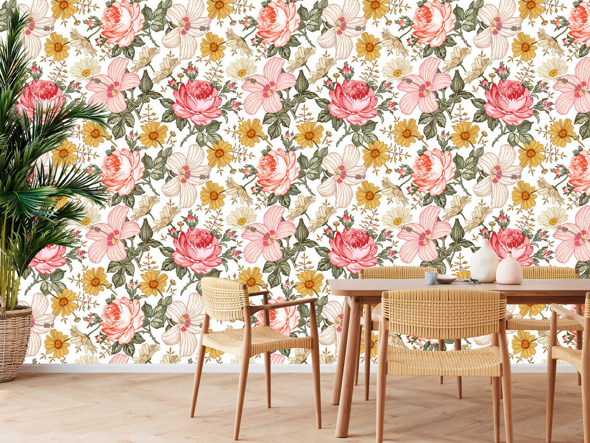 VLIESTAPETE Tropische Rosen und Blätter – Rosa, Grün, Weiß – 50x1000 cm - Rosa/Weiß, Papier (50/1000cm) - Muralo