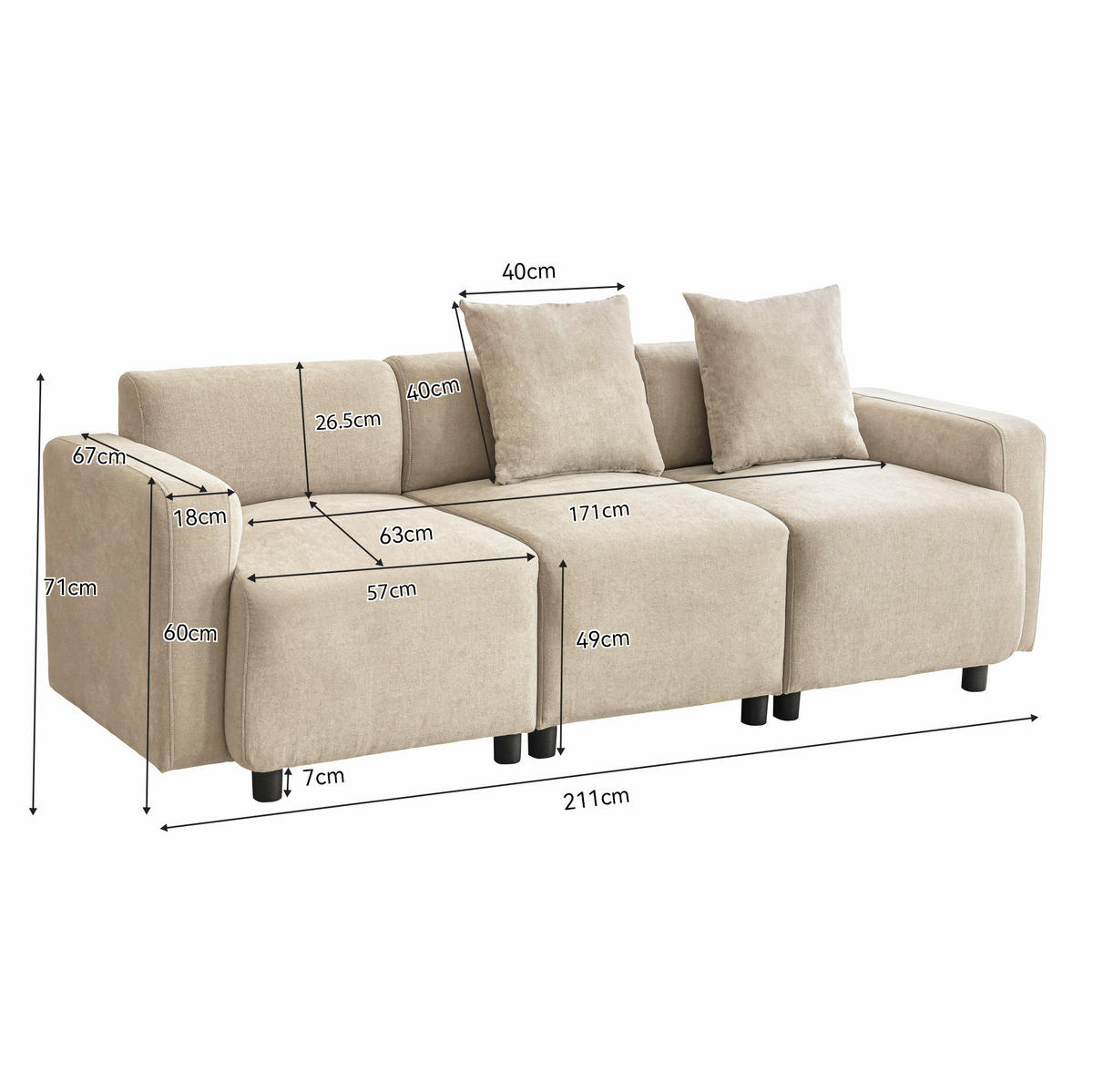 3-SITZER-SOFA 211/67/71 cm mit 2 Kissen, breiter Sitzfläche und Chenille-Bezug, Beige - Beige, Textil (211/71/67cm) - Redom