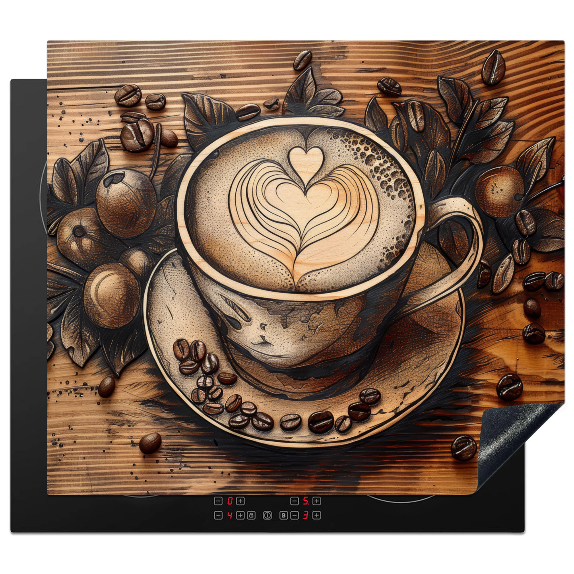 MuchoWow KRYT NA INDUKČNÍ DESKU Káva - Vintage - hnědá - šálek - dřevo 57.6x51.6 cm