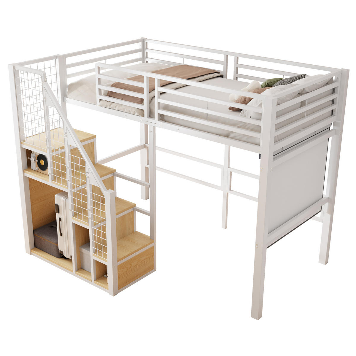 HOCHBETT aus Metall 90x200 cm in Weiß mit Treppe & Stauraum - Weiß, Metall (90/200cm) - Modfu