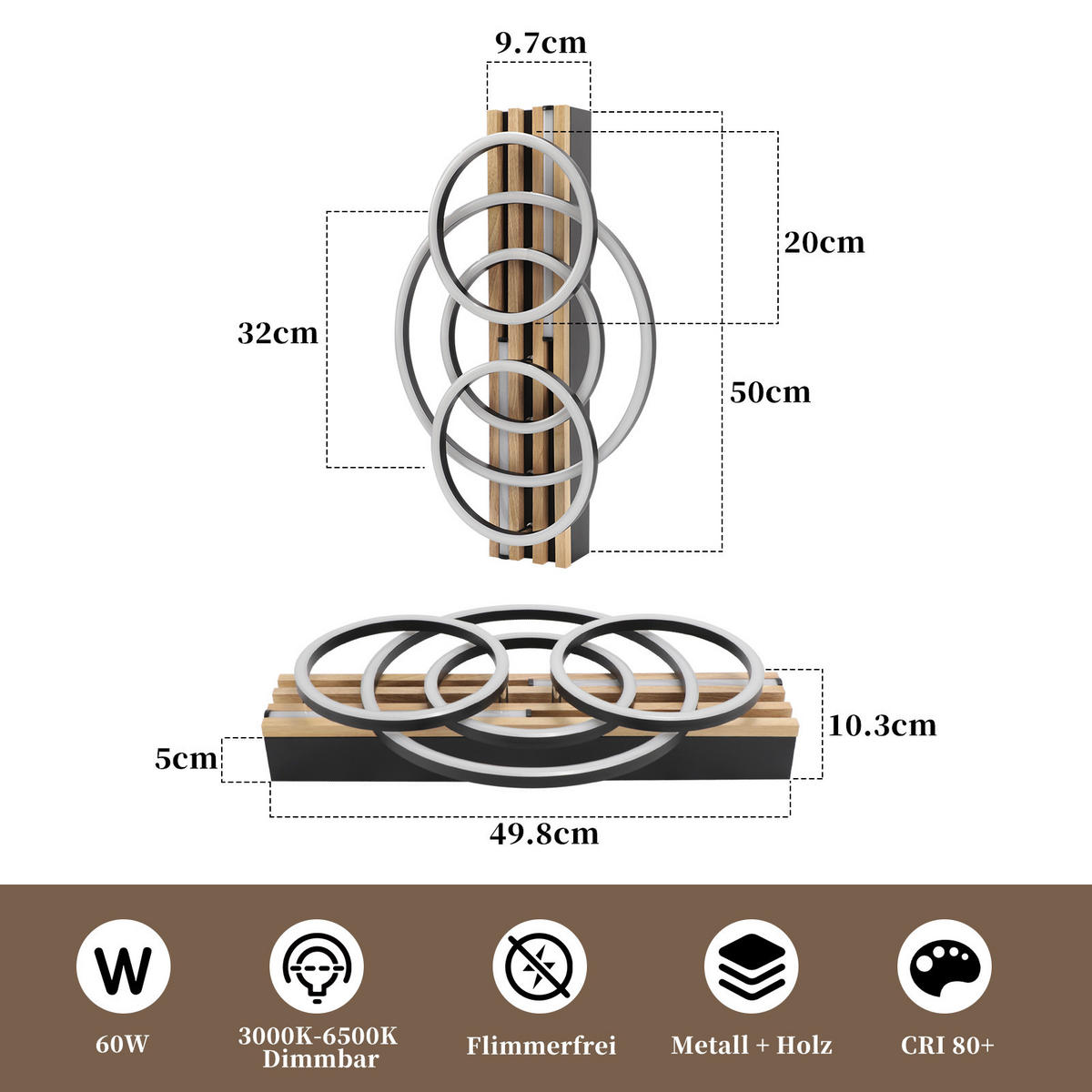 LED DECKENLEUCHTE Trisal 50/32/10.3 cm - Schwarz, Holz/Metall (50/32/10.3cm) - ZMH