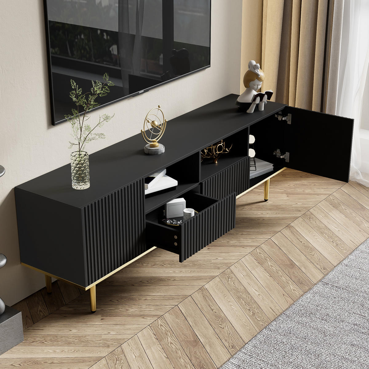 LOWBOARD in Schwarz TV-Schrank mit Schubladen und goldenen Füßen für Wohnzimmer, B165/T36/H55 cm - Goldfarben/Schwarz, Holzwerkstoff/Metall (165/55/36cm) - STILVORA