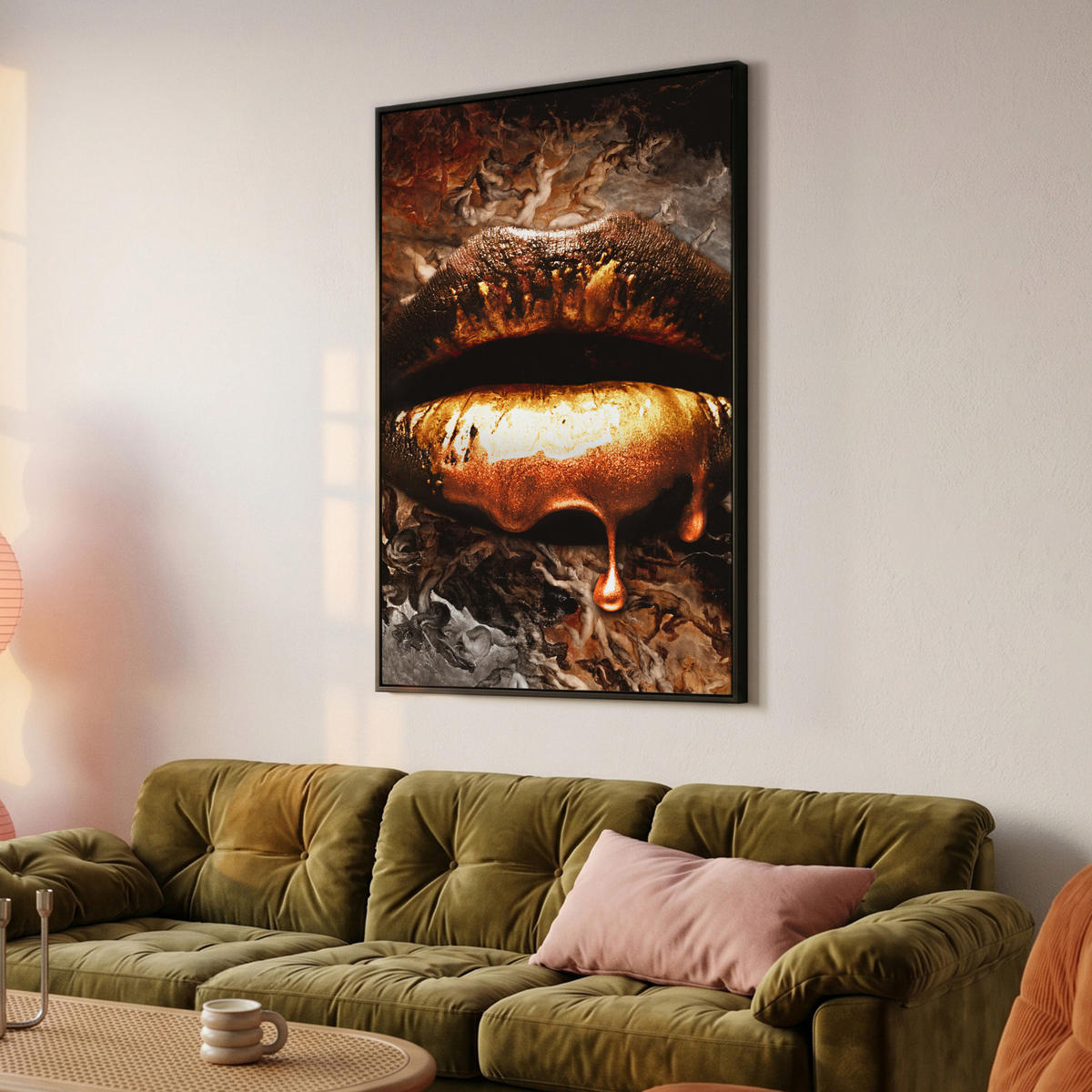 LEINWAND Bilder mit Rahmen - Gold - Lippen - Kunst - Gold - Luxus - Abstrakt - 80x120 - Kupferfarben, Textil (80/120cm) - MuchoWow