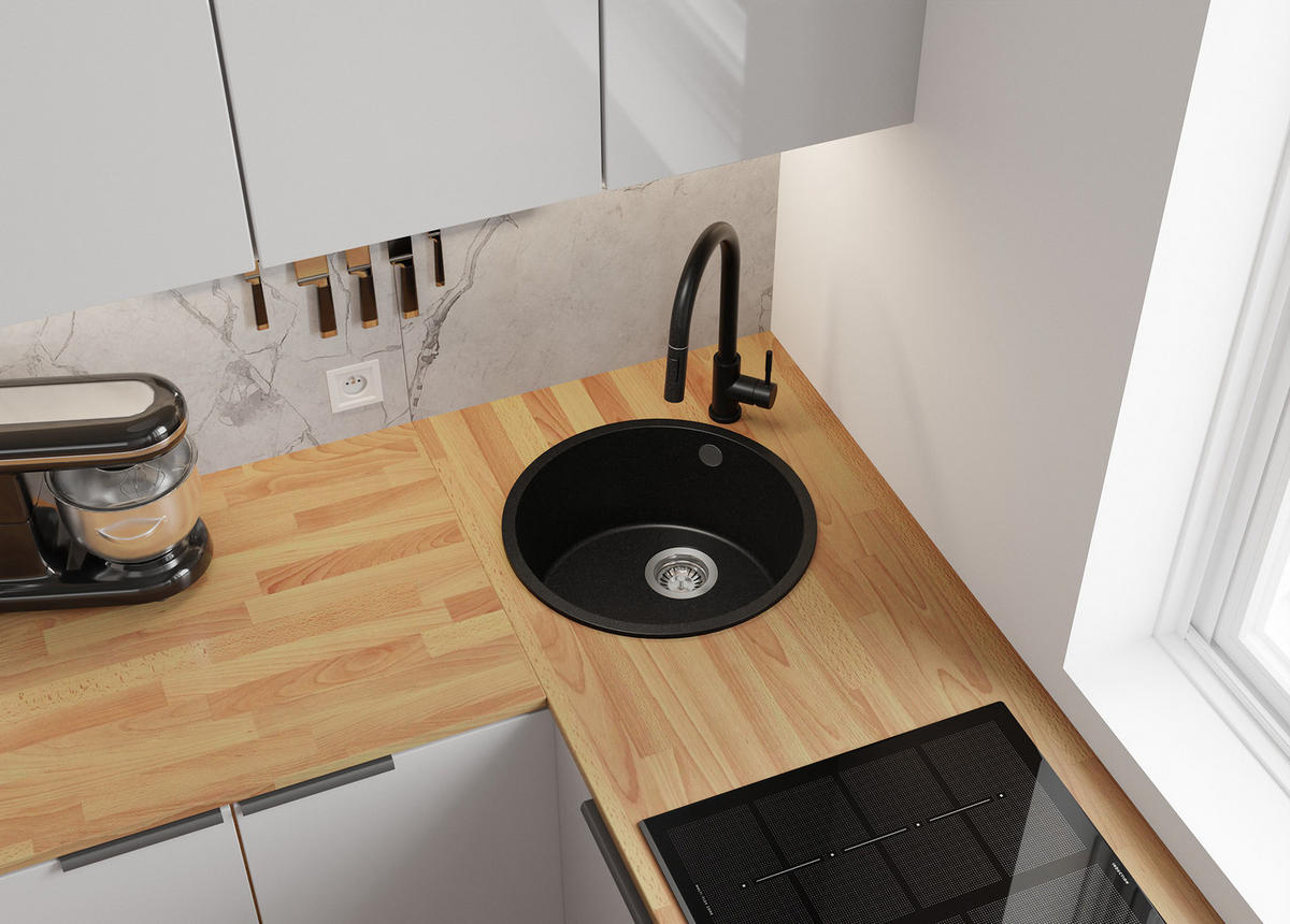 GRANITSPÜLE Valletta Slim, 2-er set Schwarz 46/46 cm 1 Becken + Küchenarmatur 32/20 cm + Ablauf-Set ab 50er Unterschrank - Chromfarben/Schwarz, Kunststoff (46/20/46cm) - Primagran