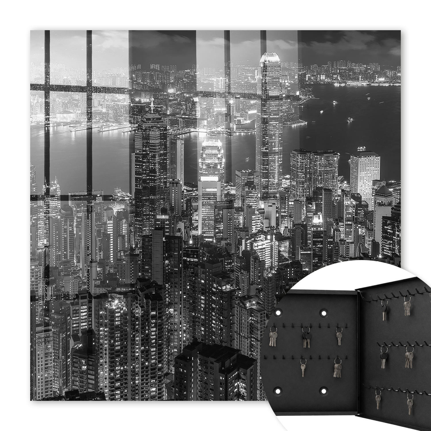 SCHLÜSSELBOX Schwarz 30x30 cm- Türöffnung nach rechts - Stadt bei Nacht - Schwarz, Metall (30/30/5cm) - TULUP