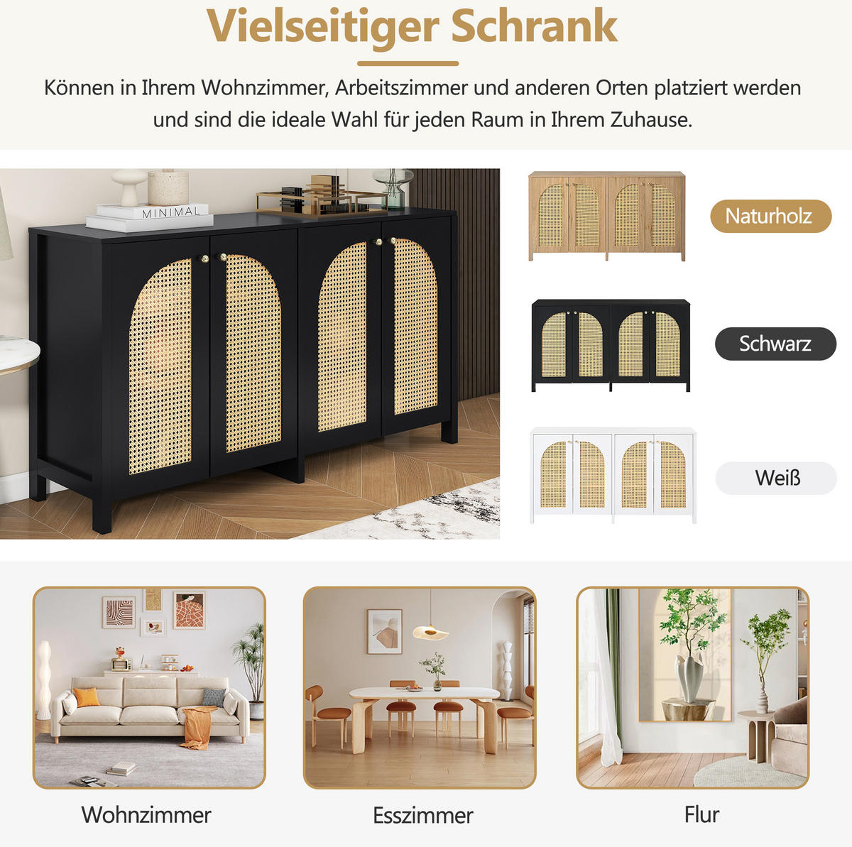 SIDEBOARD mit 4 Türen in Schwarz – mit Rattan-Optik & viel Stauraum - Schwarz, Holzwerkstoff (145/40/80cm) - BEAOK