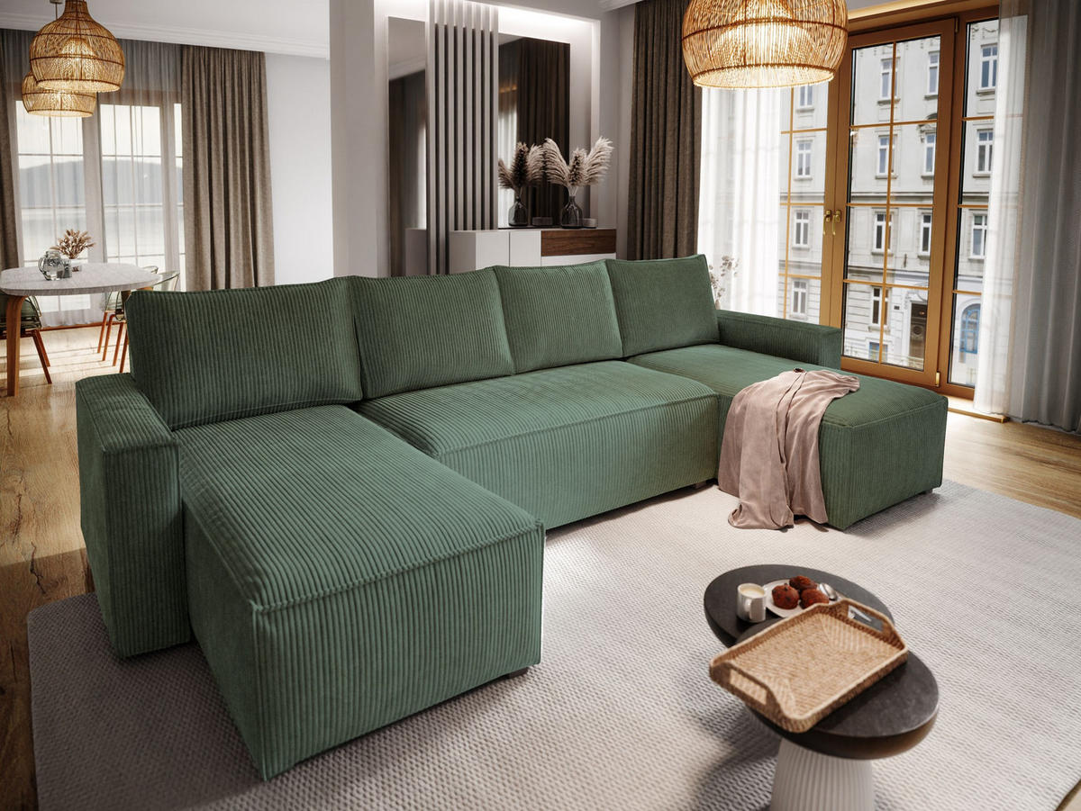 WOHNLANDSCHAFT ASPRA Grün Kordstoff mit Schlaffunktion - Grün, Holz (295/85/140cm) - MASSENO