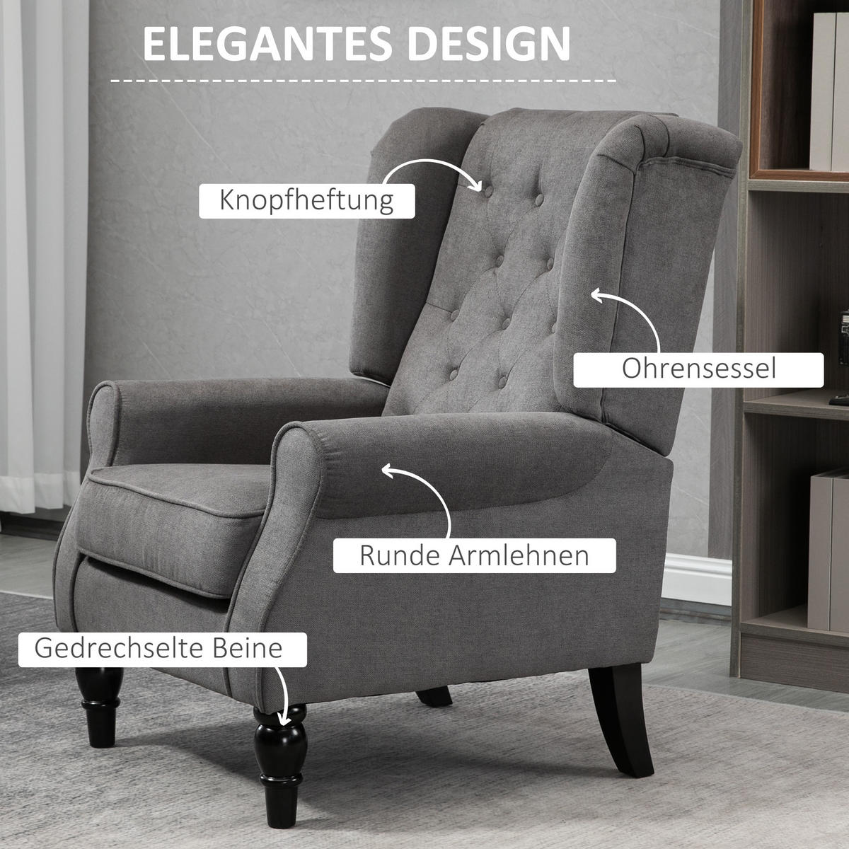 EINZELSESSEL mit Tufting Relaxsessel Einzelstuhl Holzfüße Polyester Dunkelgrau - Dunkelgrau/Schwarz, Holz/Textil (86/102/74cm) - HOMCOM