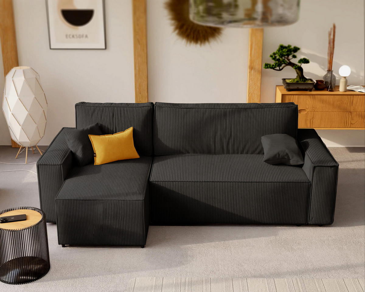 ECKSOFA Paris mit Schlaffunktion Cord - Schwarz, Textil (244/155cm) - Idohome