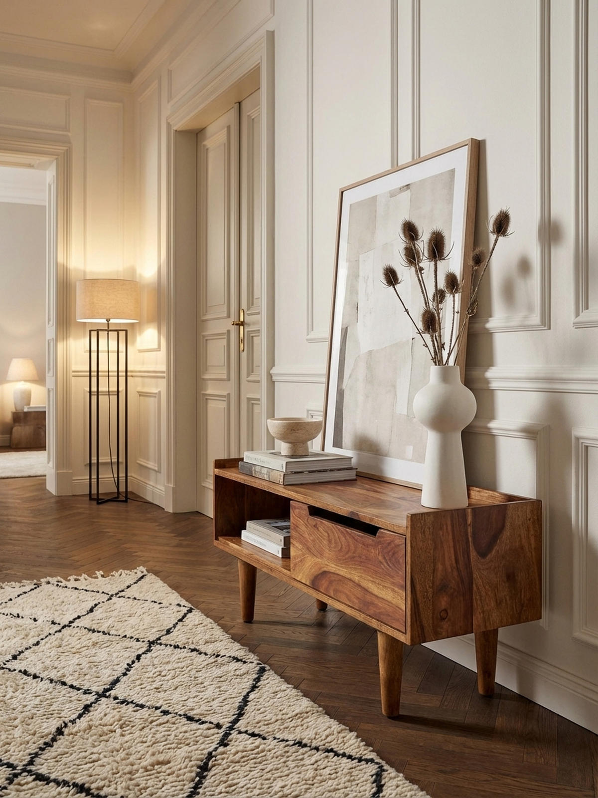 LOWBOARD Massivholz Modern Stil für Fernseher bis 50 Zoll mit Schiebetür und 2 Fächern - Braun, Holz (95/44/34cm) - KADIMA DESIGN