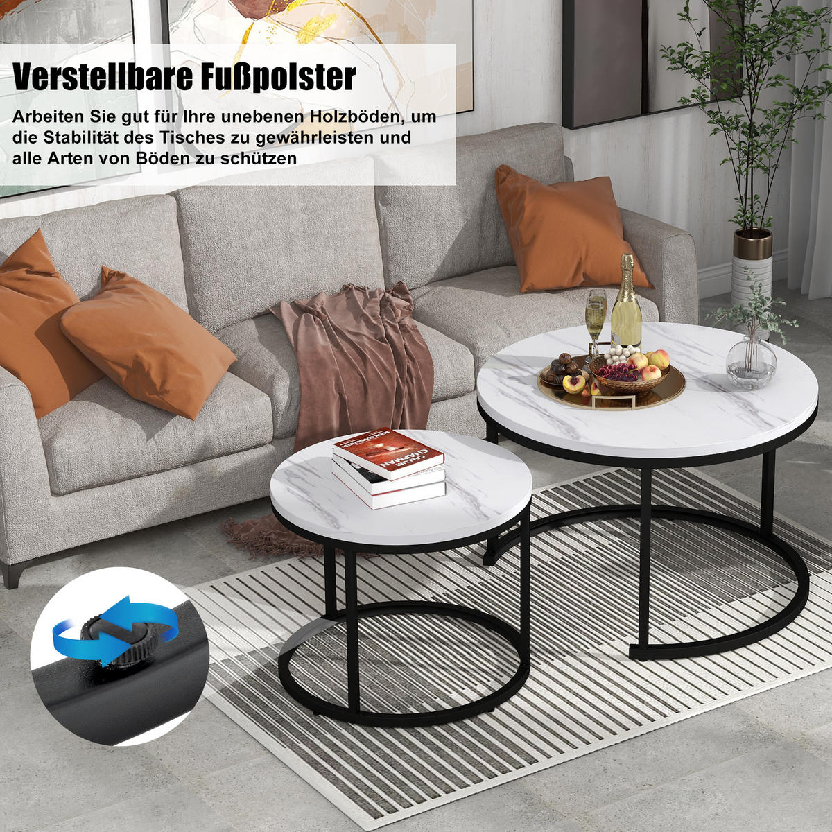 COUCHTISCH Set 2-tlg rund mit Marmoroptik 50/70,5 cm und 45,5/44 cm - Weiß, Holzwerkstoff (70.5/70.5/50cm) - OKWISH