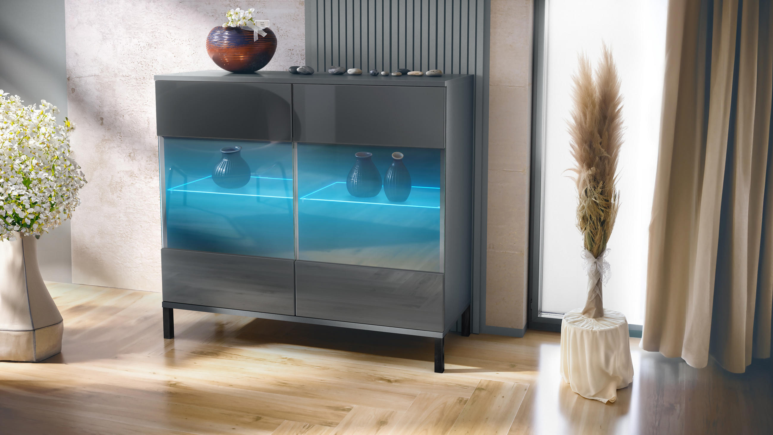 KOMMODE Bari Grau Hochglanz - Grau, Holzwerkstoff (92.5/83.5/35cm) - Vladon