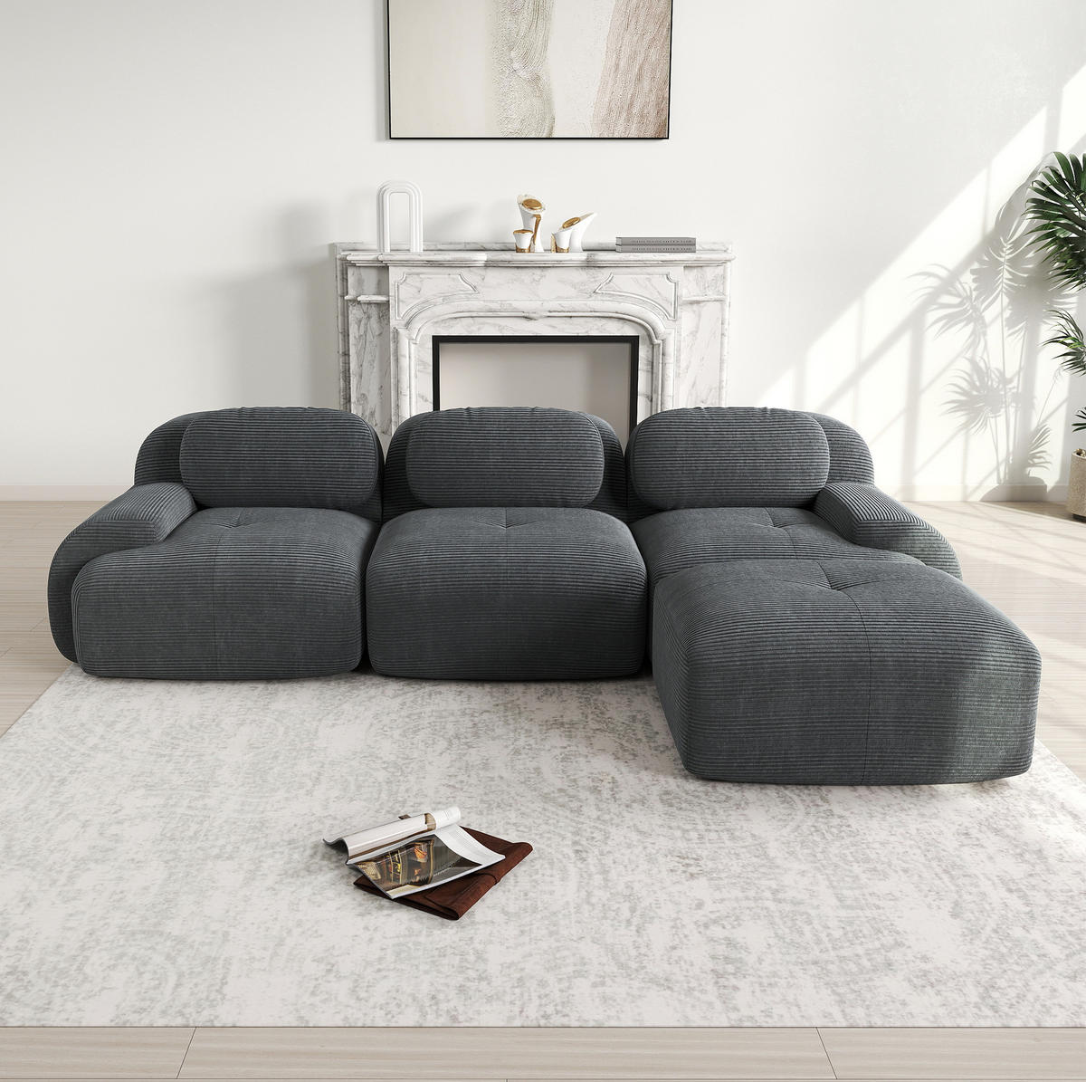 ECKSOFA 298/178/75 cm grau aus Cordstoff montagefrei mit ergonomischem Design - Grau, Textil (178/298cm) - OKWISH