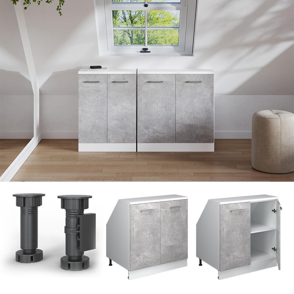 ORMARIĆ ZA KOSI KROV S VRATA Rion Beton 80 x 81.6 cm s 2 vrata, korpus ormara dubine 60 cm - bijela/siva, drvni materijal (80/83.8/60cm) - Vicco