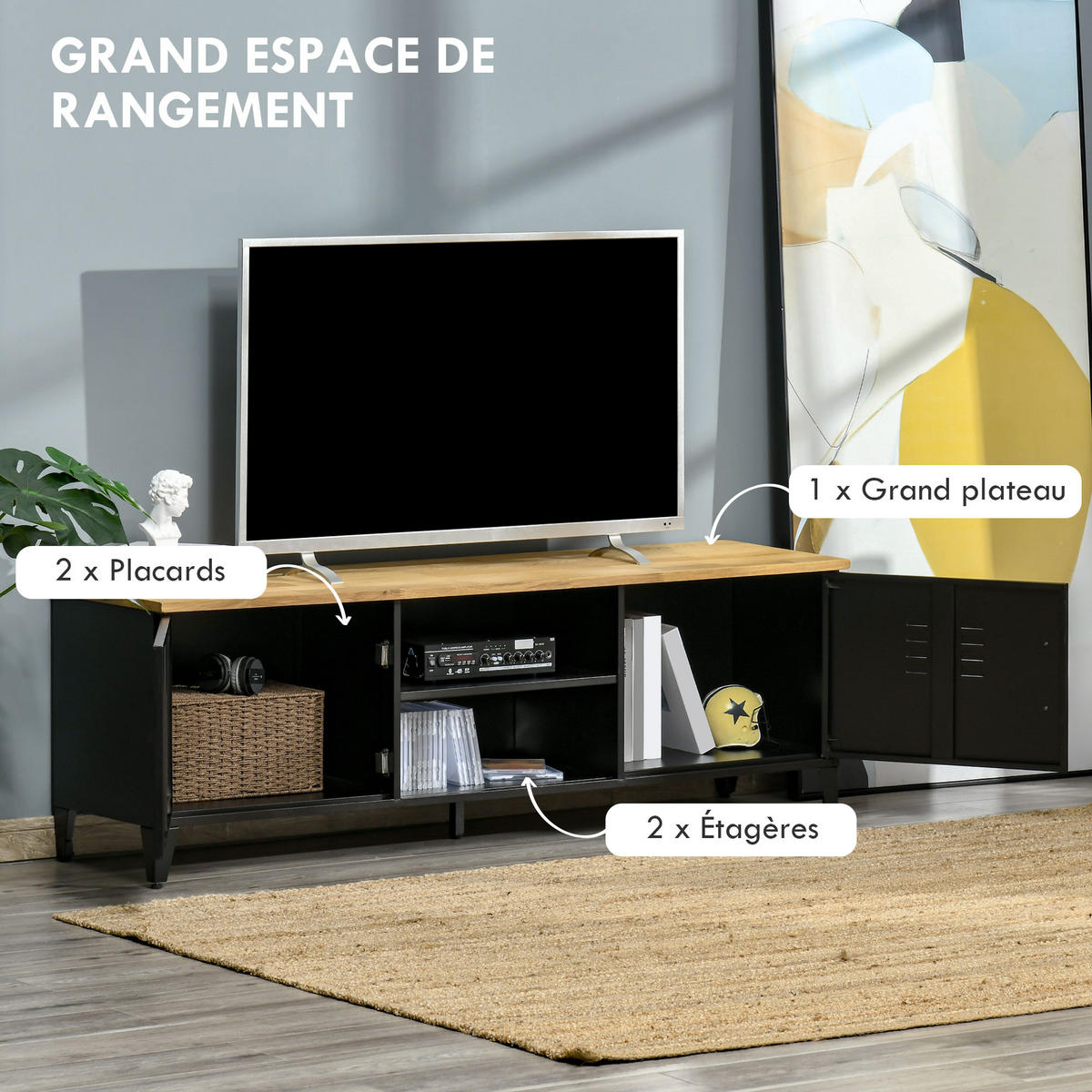LOWBOARD DE-16082 150/40/50 cm Schwarz/Naturholz - Schwarz, Metall (150/50/40cm) - ComfortXL