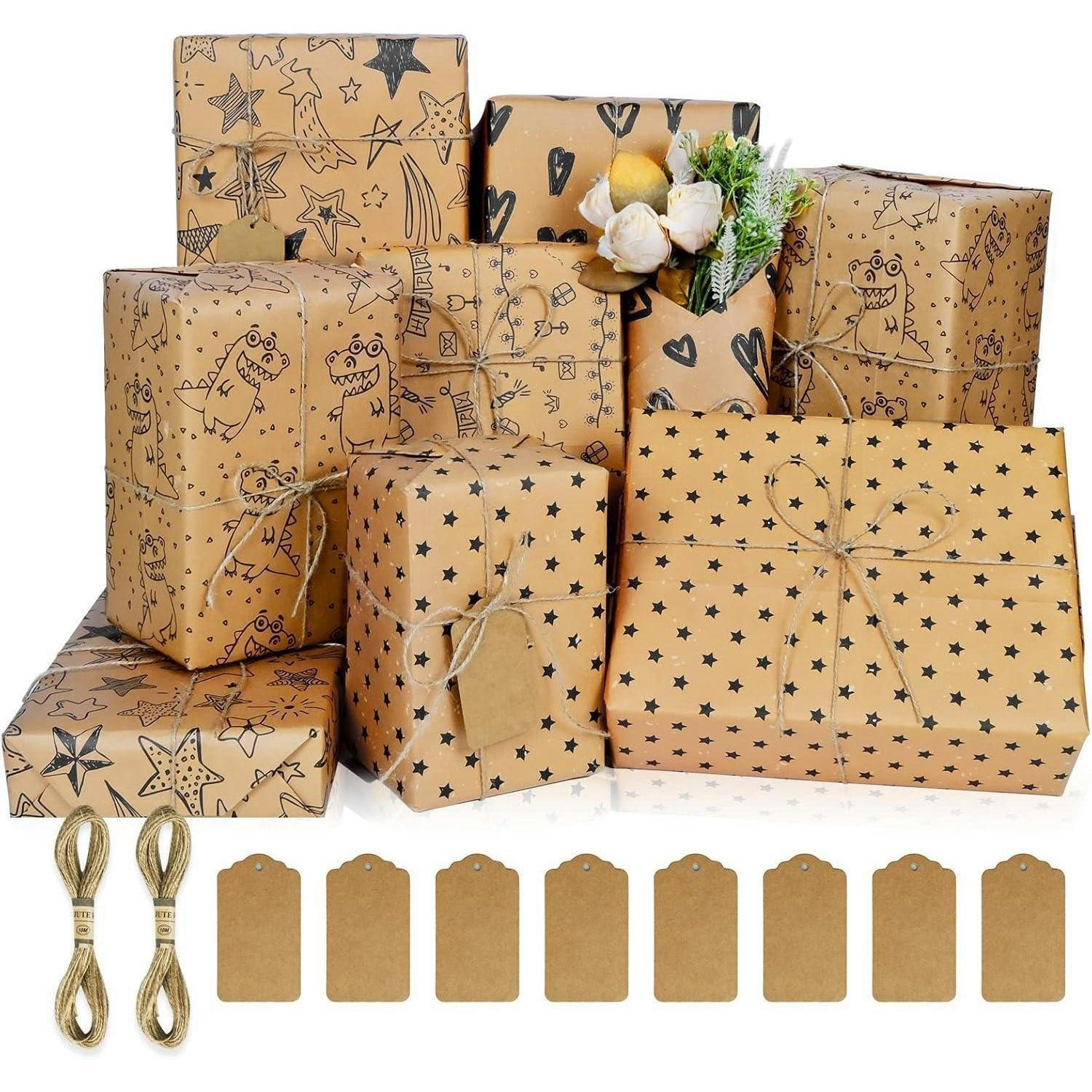 GESCHENKPAPIER Set 5-teilig Kraftpapier mit Schnur und Anhängern - Multicolor, Papier (15/0.6/19cm)