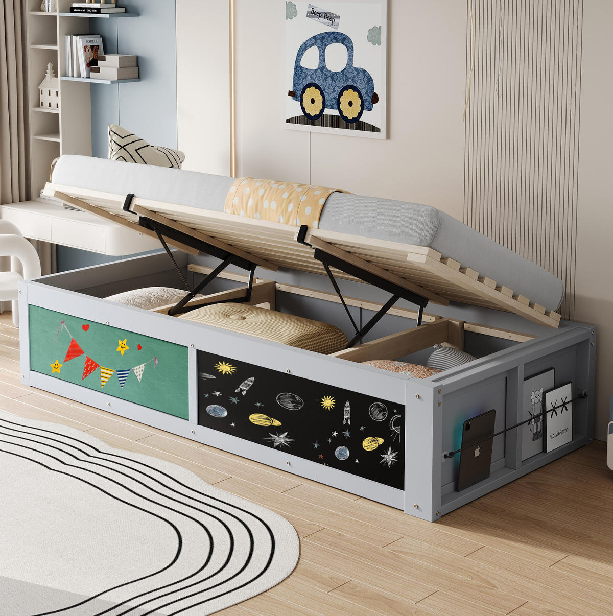KINDERBETT 90/200 cm Grau mit hydraulischer Aufbewahrung und Kreidetafel - Grau, Holzwerkstoff (90/200cm) - OKWISH