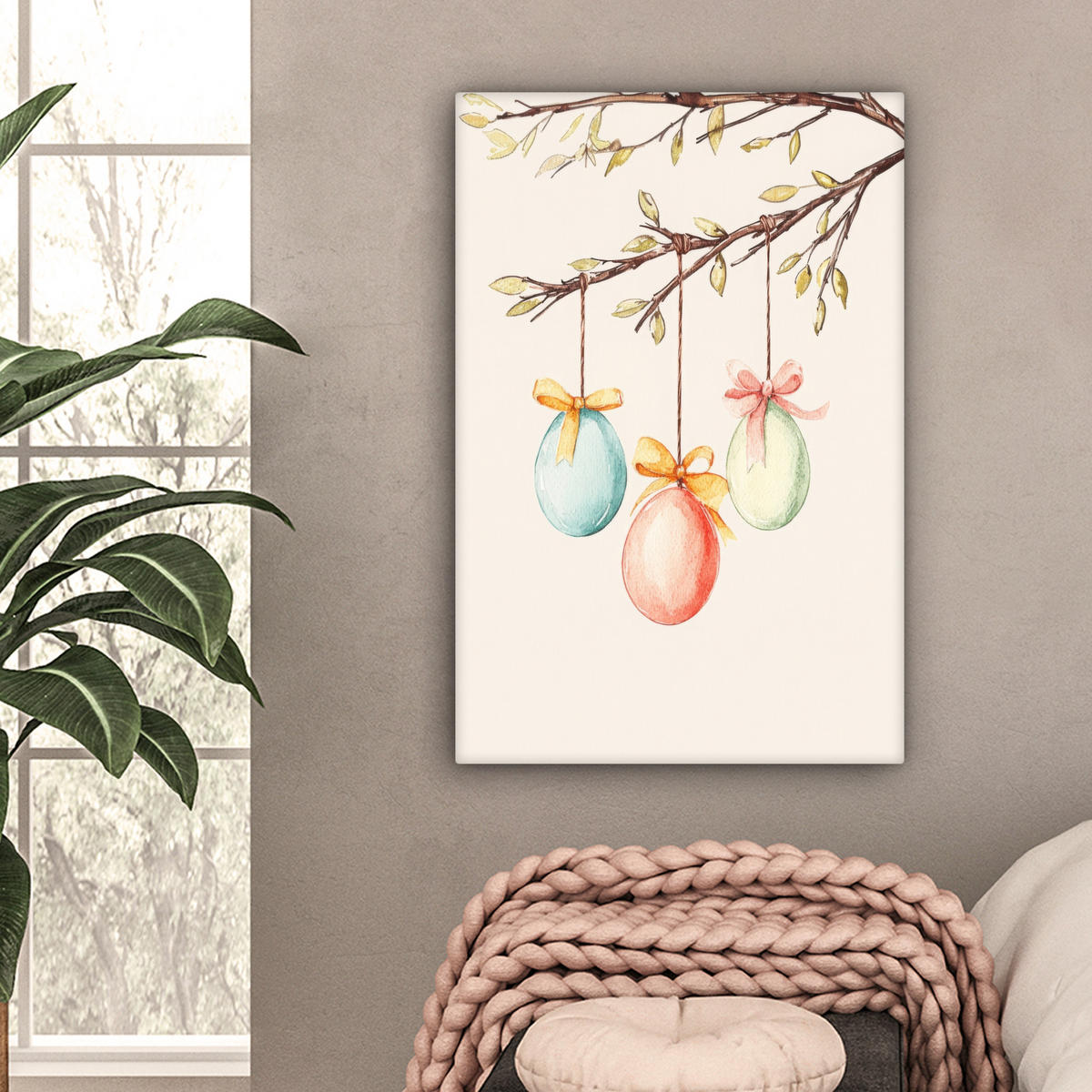 LEINWANDBILD Osterkuchen - Schleife - Eier Wanddeko Schlafzimmer 60x90 cm - Creme, Textil (60/90cm) - MuchoWow