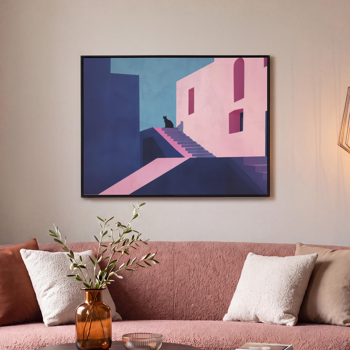 LEINWAND Bilder mit Rahmen - Katze - Treppe - Gebäude - Schattenkontraste - 70x50 - Dunkelblau, Textil (70/50cm) - MuchoWow