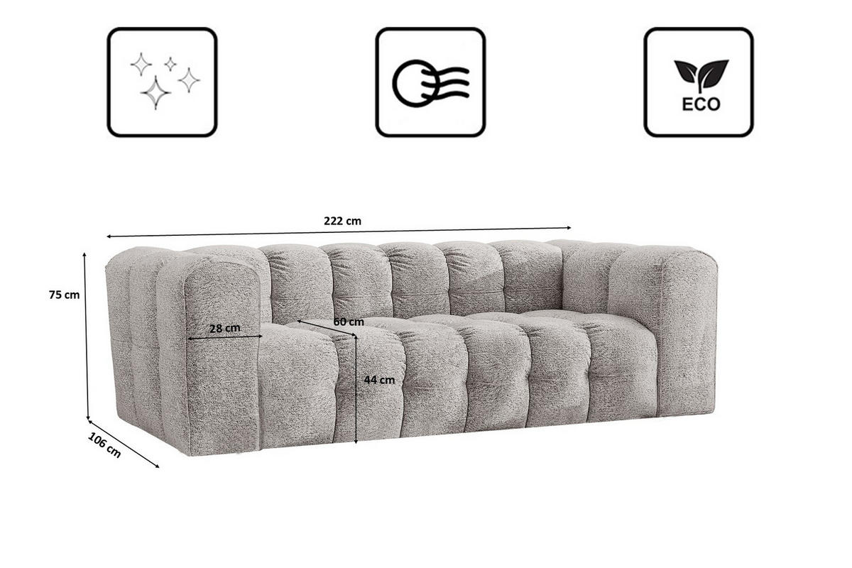 SOFA 3-Sitzer, Komfort, BALOO, Stoff Schenille & Bouclé, Hellgrau - Hellgrau, Holz (222/75/106cm) - Kaiser Möbel