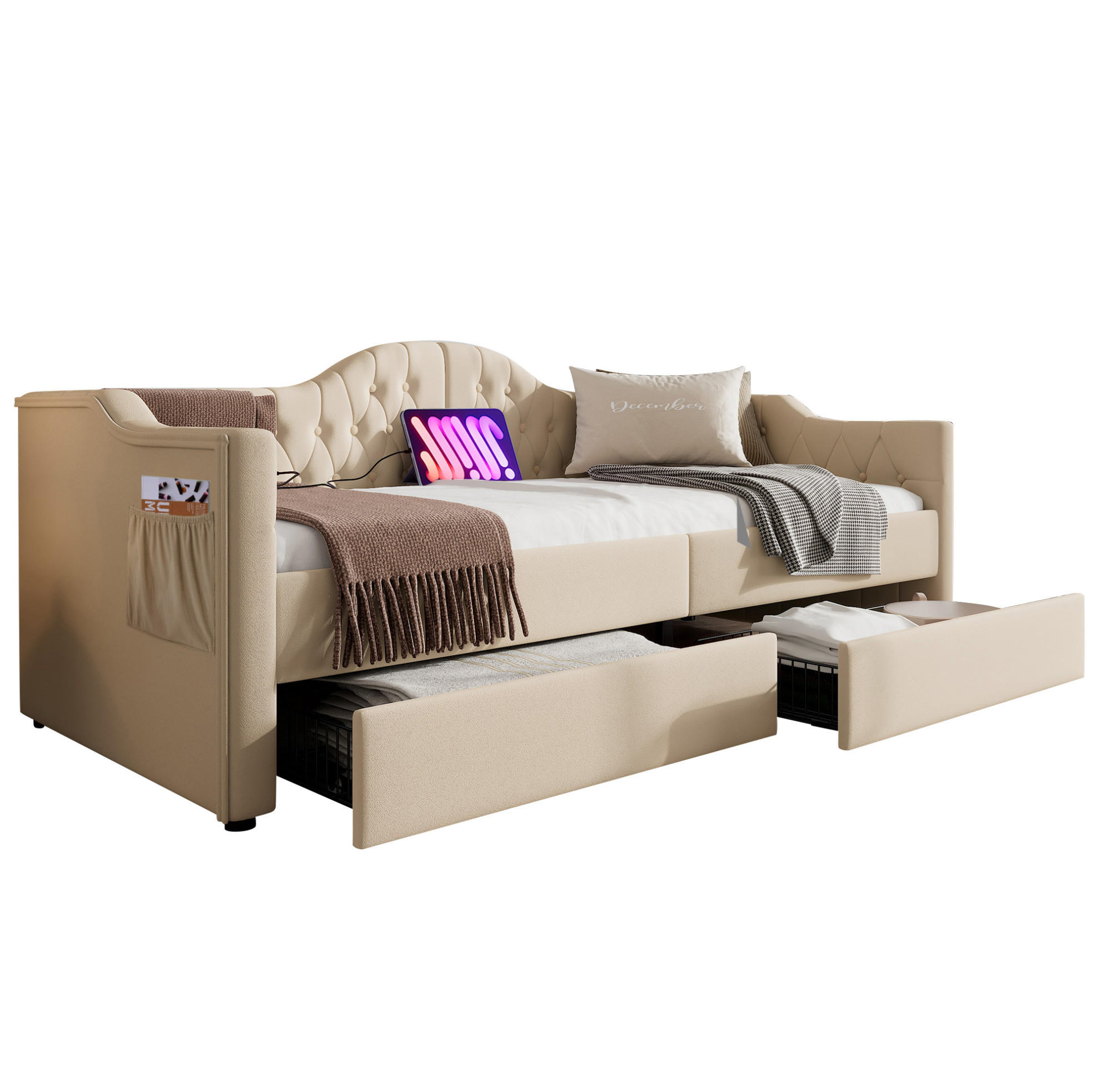 POLSTERBETT aus Samt 90x200 cm in Beige mit USB, Type-C & 2 Schubladen - Beige, Textil (90/200cm) - Modfu
