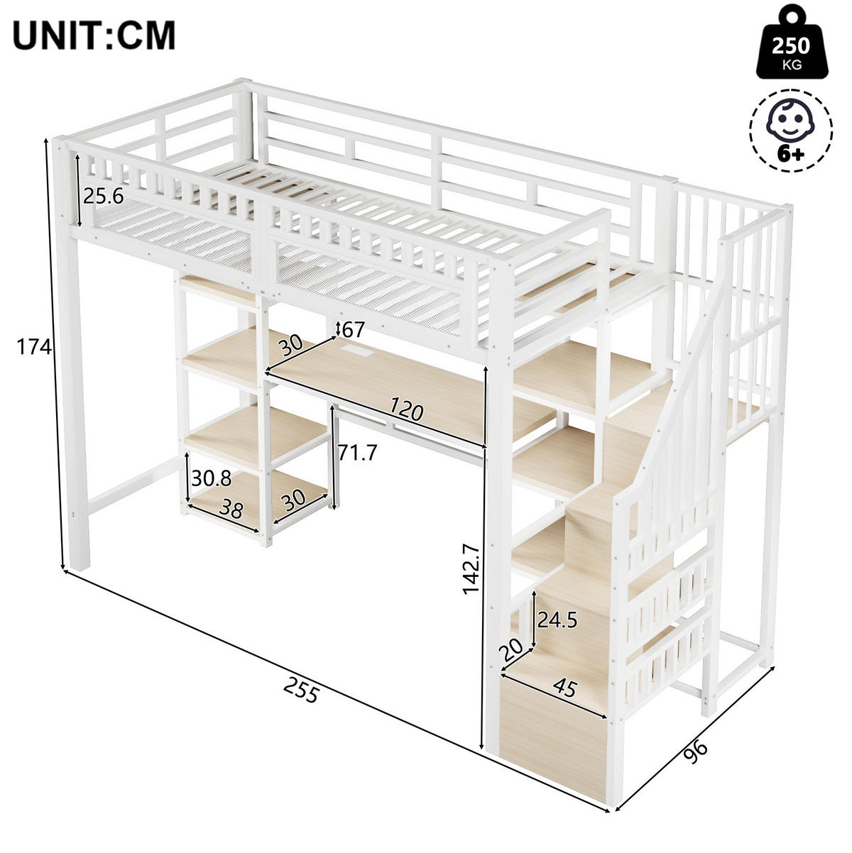 HOCHBETT 90/200 cm weiß aus Metall/MDF mit LED-Schreibtisch - Weiß, Metall (90/200cm) - OKWISH