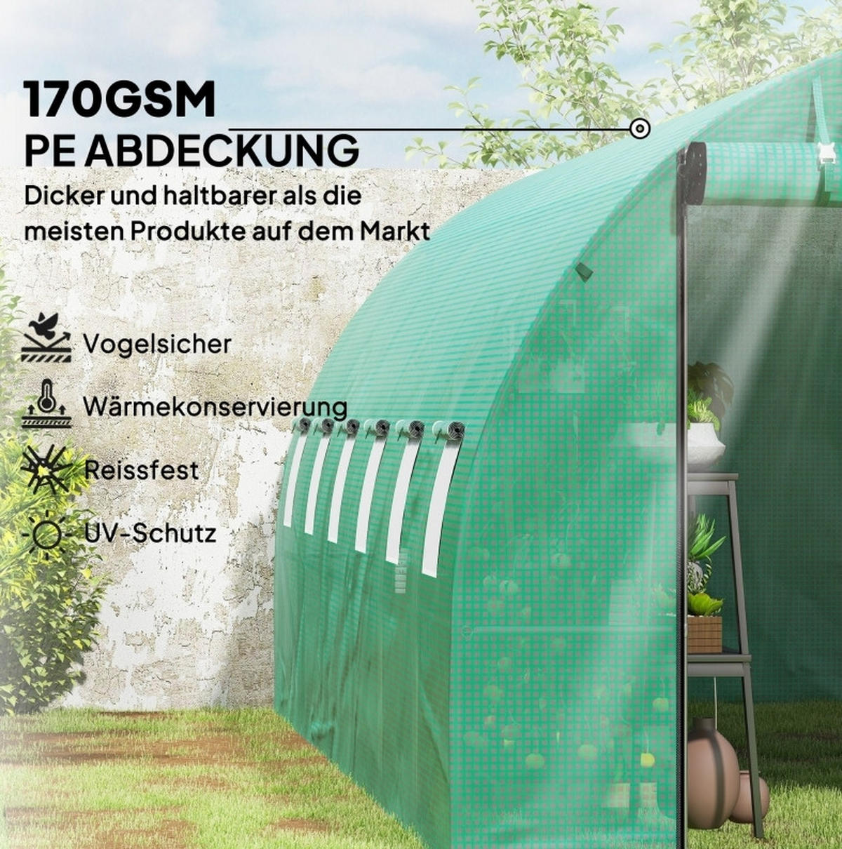 GEWÄCHSHAUS aus Kunststoff in Grün mit Rolltüren & Netzfenstern - Grün, Kunststoff (300/197/600cm) - Modfu