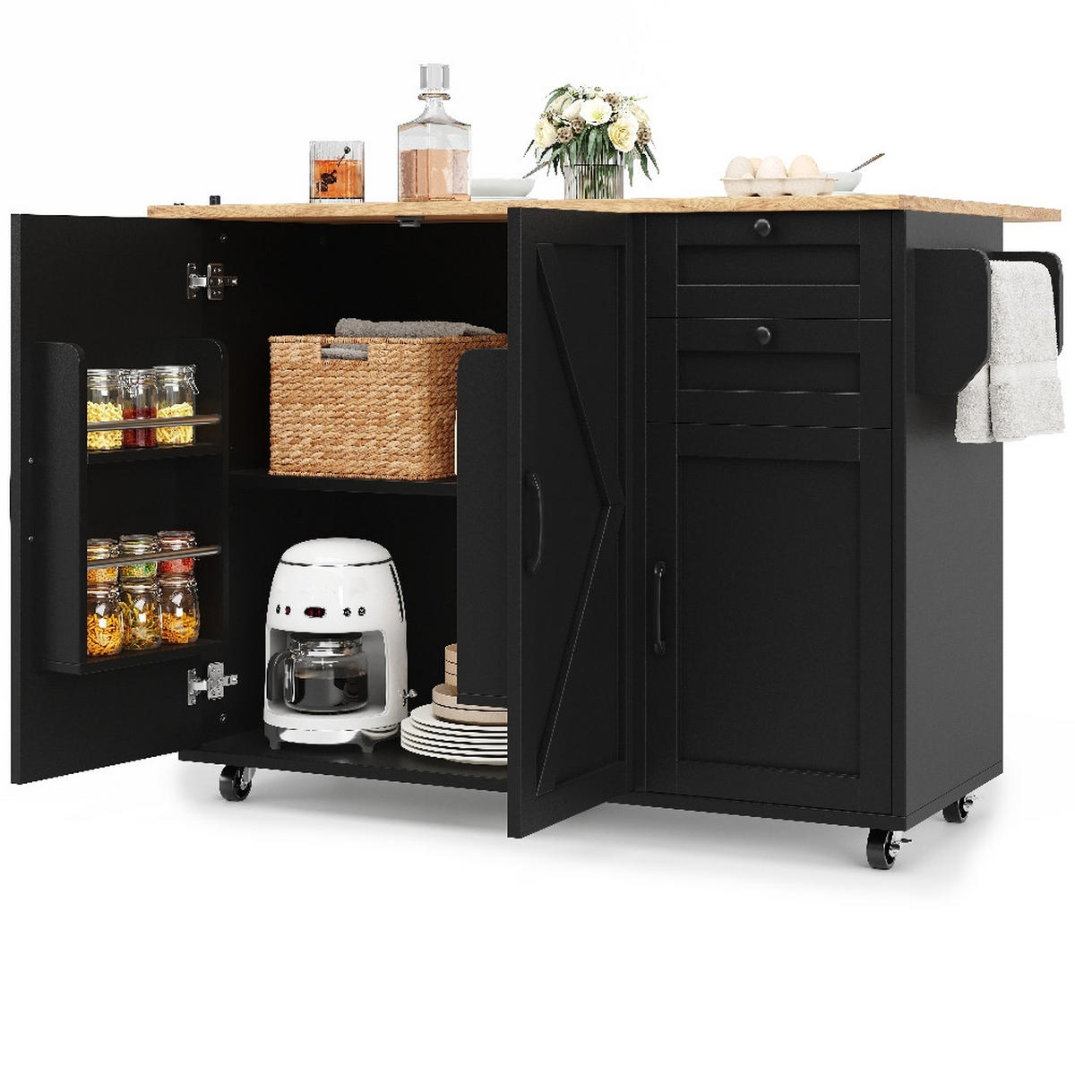 KÜCHENINSEL Klappbar, BUFFETSCHRANK mit Rollen, Holzmaserung Schwarz, 120/43,2/92 cm - Schwarz, Kunststoff (43.2/92/120cm) - Rolipo