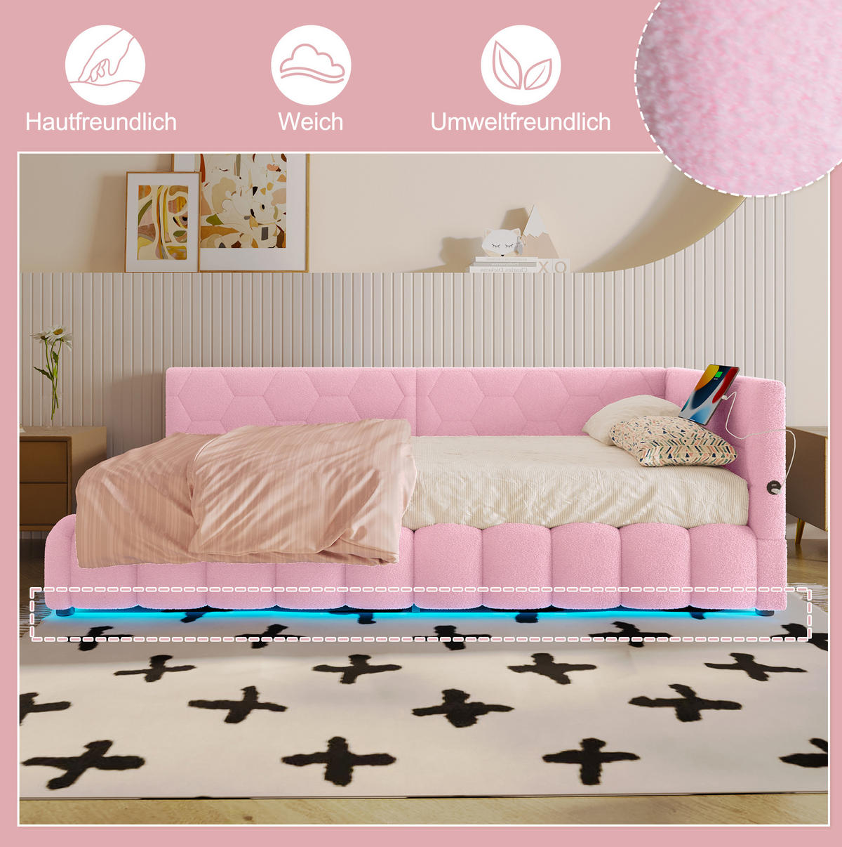 TAGESBETT 90/200 cm mit LED-Lichtleiste, USB, Typ-C und hydraulischem Bettkasten, Rosa - Rosa, Textil (90/200cm) - Redom