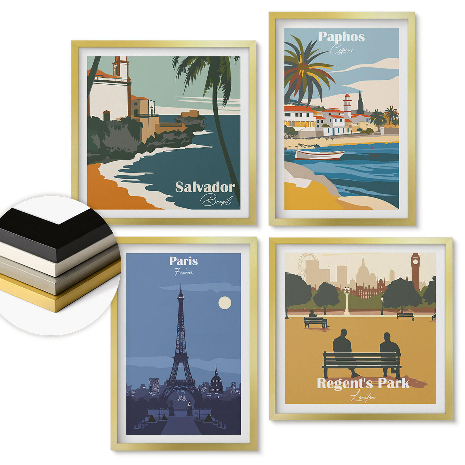 WANDBILDER 4er Set - 50x50 cm & 40x60 cm Goldrahmen - Architektur der Küstenstädte - Goldfarben, Kunststoff (50/50cm) - ArtPrintCave
