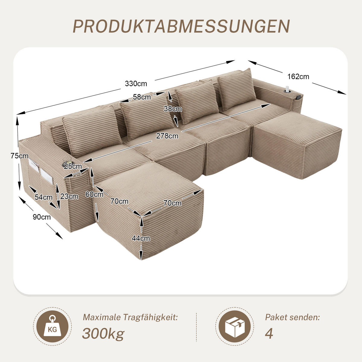 WOHNLANDSCHAFT 330/162/75 cm Khaki mit 2 Fußhocker, Getränkehalter und Seitentaschen - Sandfarben, Textil (330/75/162cm) - Oxeza