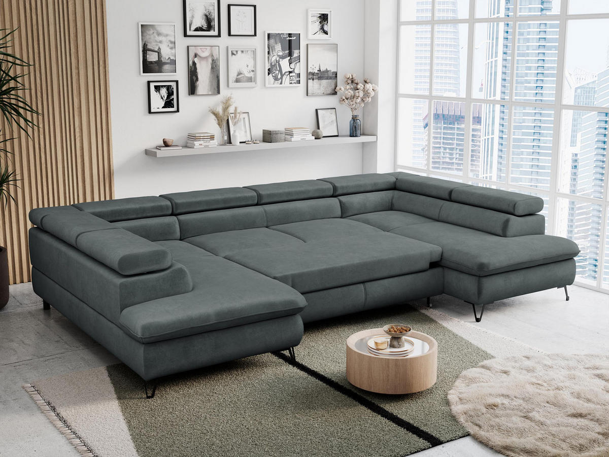 WOHNLANDSCHAFT PETER U Samt Dunkelgrau - Dunkelgrau/Schwarz, Textil/Metall (346/76/208cm) - MKS